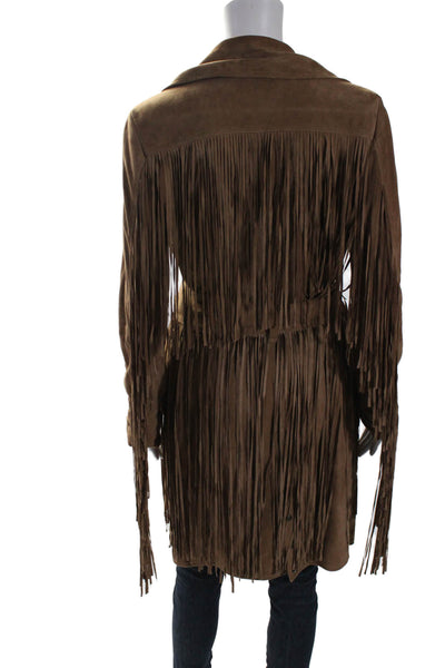 Fiocchi Womens Suede Fringe Trim Open Front Belted Jacket Brown Size S