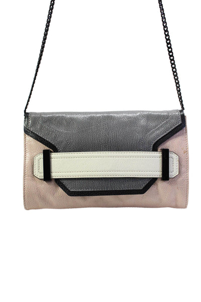 Milly Womens Leather Colorblock Foldover Chain Strap Crossbody Bag Pink Gray