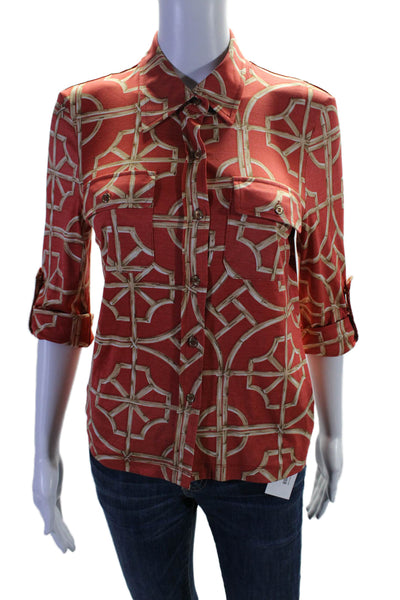 J. Mclaughlin Womens Silk Geometric Print Long Sleeve Buttoned Shirt Red Size S