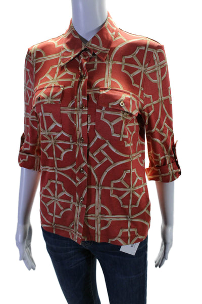 J. Mclaughlin Womens Silk Geometric Print Long Sleeve Buttoned Shirt Red Size S