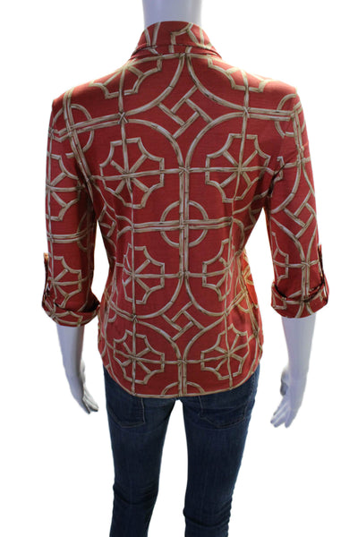 J. Mclaughlin Womens Silk Geometric Print Long Sleeve Buttoned Shirt Red Size S