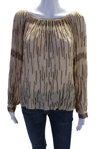 Love Sam Womens Beige Beaded Scoop Neck Long Sleeve Blouse Top Size XS