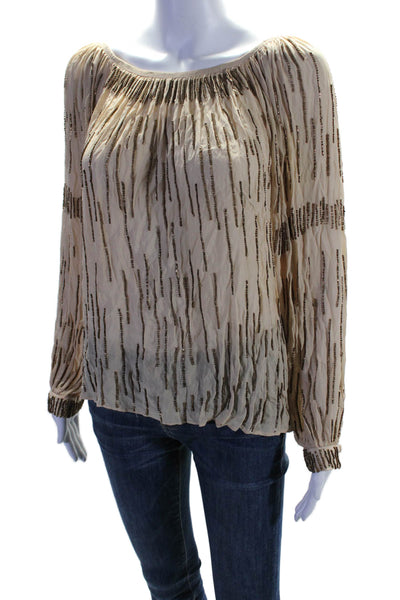 Love Sam Womens Beige Beaded Scoop Neck Long Sleeve Blouse Top Size XS