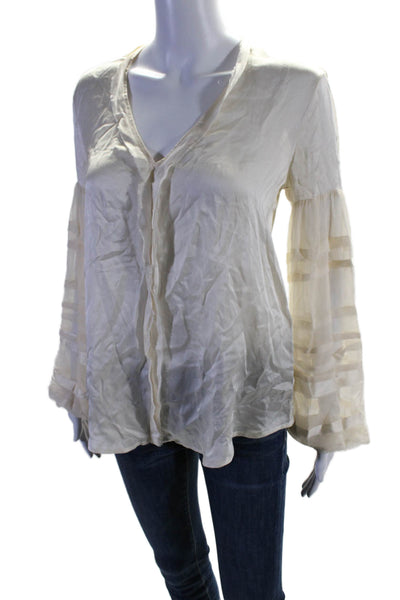 Love Sam Womens Cream V-Neck Fringe Detail  Long Sleeve Blouse Top Size M