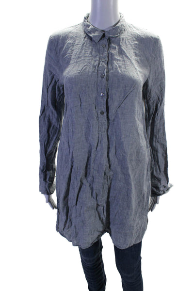 Eileen Fisher Womens Linen V-Neck Half Button Long Sleeve Tunic Top Blue SIze XS