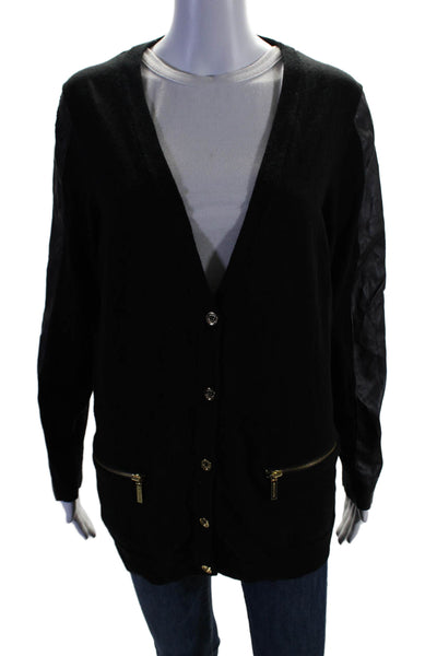 Michael Michael Kors Womens Cotton Patchwork Buttoned Cardigan Black Size 1X