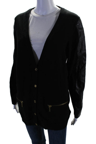 Michael Michael Kors Womens Cotton Patchwork Buttoned Cardigan Black Size 1X