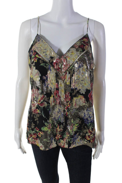 Haute Hippie Womens Black Metallic Floral V-Neck Sleeveless Camisole Top Size M