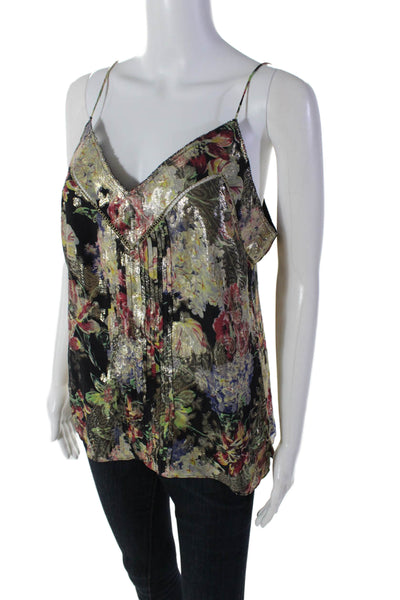 Haute Hippie Womens Black Metallic Floral V-Neck Sleeveless Camisole Top Size M