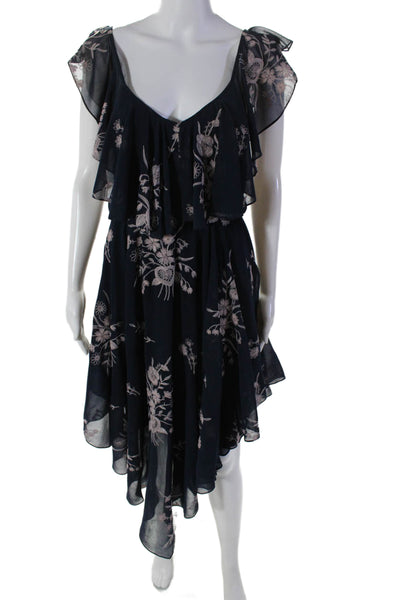 Haute Hippie Womens Navy Floral Embroidered Ruffle Sleeveless Shift Dress Size S