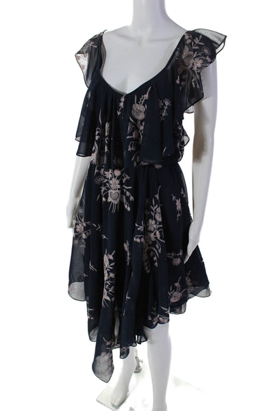 Haute Hippie Womens Navy Floral Embroidered Ruffle Sleeveless Shift Dress Size S