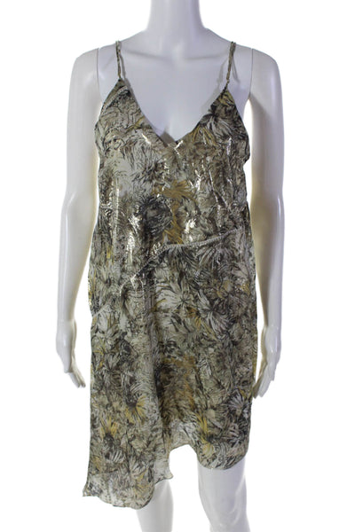 Haute Hippie Womens Gold Floral V-Neck Sleeveless Asymmetric A-line Dress Size M