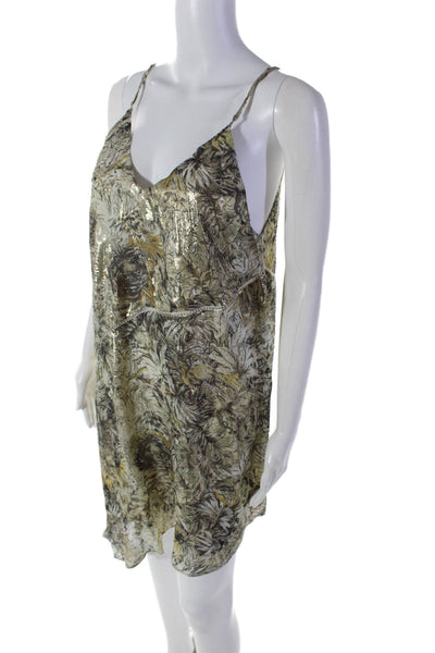 Haute Hippie Womens Gold Floral V-Neck Sleeveless Asymmetric A-line Dress Size M