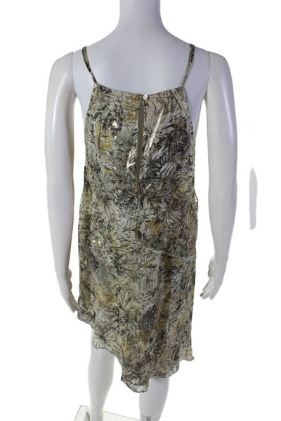 Haute Hippie Womens Gold Floral V-Neck Sleeveless Asymmetric A-line Dress Size M