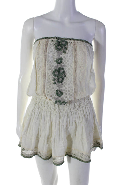 Sunday Womens Linen Tube Top Flare Ruffle Mini Lace Dress White Size S