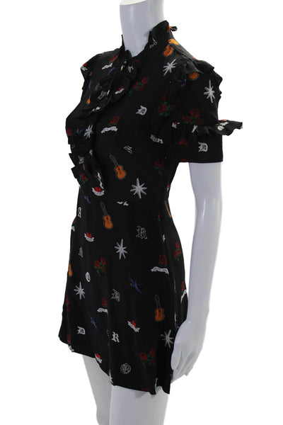 Sandro Womens Silk Printed Half Button Ruffled A Line Dress Black Size 1