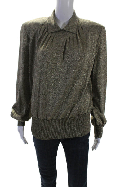 Valentino Womens Metallic Wool Blend Collared Long Sleeve Knit Top Gold Size 44