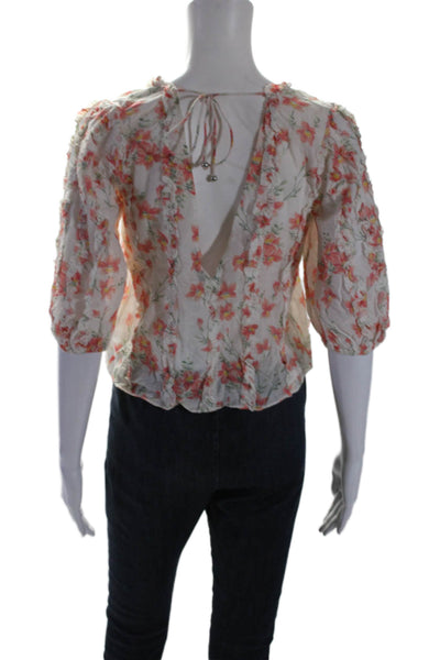 Love Sam Womens White Orange Floral Scoop Neck 3/4 Sleeve Blouse Top Size S