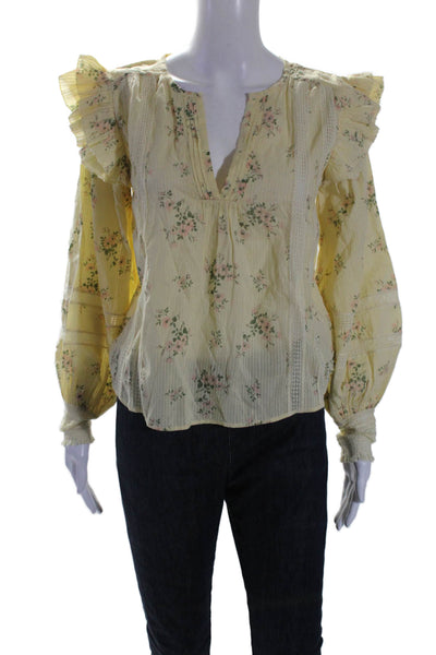 Love Sam Womens Yellow Floral V-Neck Ruffle Detail Long Sleeve Blouse Top Size S