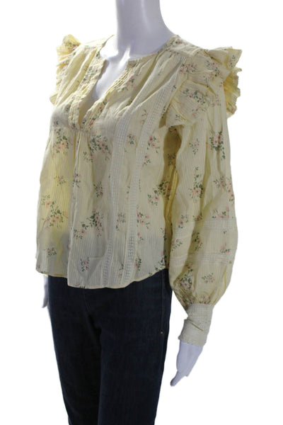 Love Sam Womens Yellow Floral V-Neck Ruffle Detail Long Sleeve Blouse Top Size S