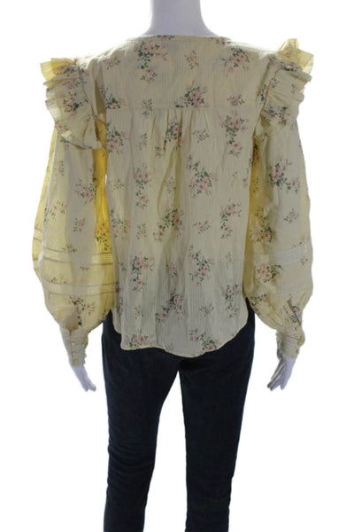 Love Sam Womens Yellow Floral V-Neck Ruffle Detail Long Sleeve Blouse Top Size S