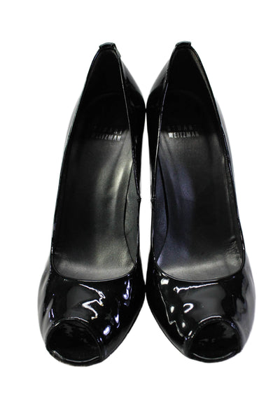 Stuart Weitzman Womens Patent Leather Peep Toe High Heel Stilettos Black Size 8