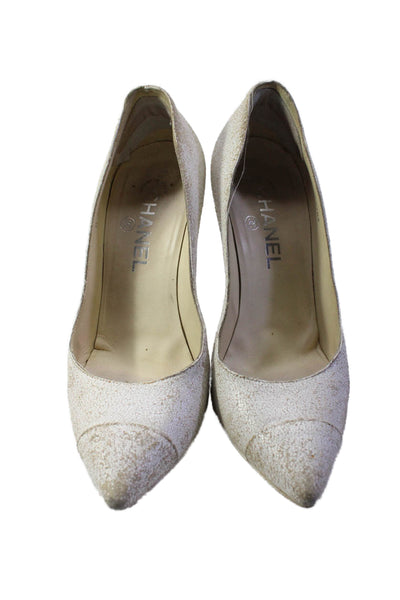 Chanel Womens White Textured Cap Toe High Heels Pumps Shoes Size 8