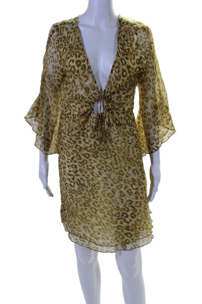 Cindi Gindi Womens Silk Brown Leopard Print Sequins Bell Sleeve Dress SizeM