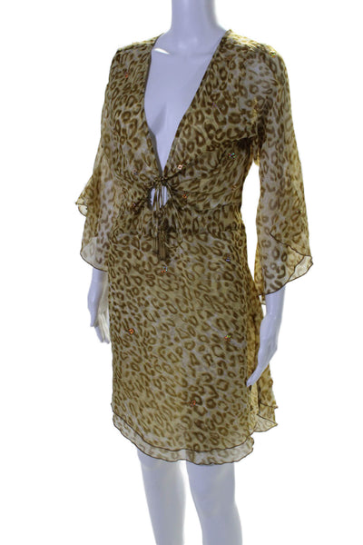 Cindi Gindi Womens Silk Brown Leopard Print Sequins Bell Sleeve Dress SizeM