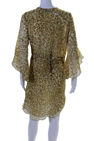 Cindi Gindi Womens Silk Brown Leopard Print Sequins Bell Sleeve Dress SizeM