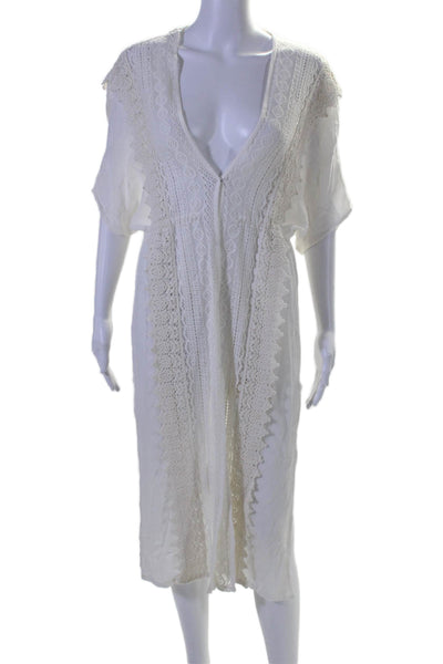 Sur La Plage Womens White Lace Trim V-Neck Short Sleeve Swim Cover Up Size OS