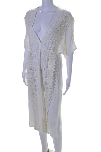 Sur La Plage Womens White Lace Trim V-Neck Short Sleeve Swim Cover Up Size OS