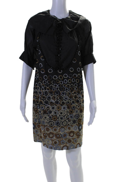 Hoss Intropia Womens Black Beaded Multi Printed Short Sleeve A-Line Dress Size38