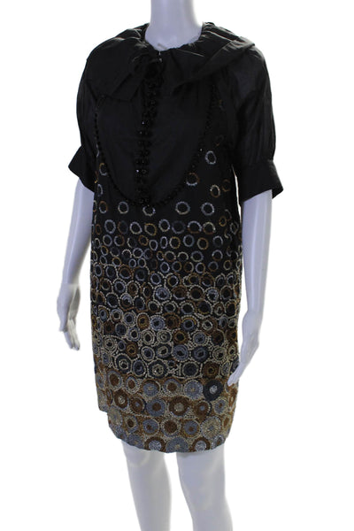 Hoss Intropia Womens Black Beaded Multi Printed Short Sleeve A-Line Dress Size38