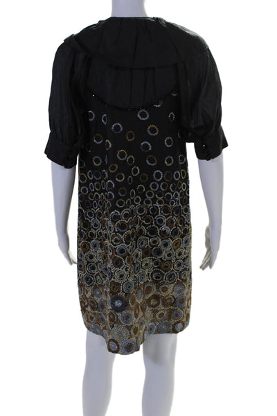 Hoss Intropia Womens Black Beaded Multi Printed Short Sleeve A-Line Dress Size38