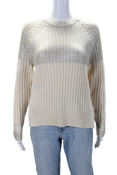 Joseph Womens Long Sleeves Crew Neck Sweater White Silver Wool Size Large