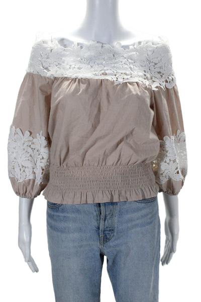 Silvian Heach Womens Crochet Detail Blouse Beige White Cotton Size Extra Small