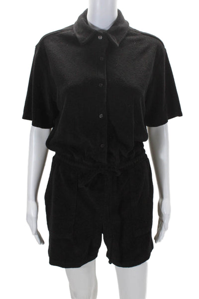 Monrow Womens Cotton Drawstring Waist Collared Short Sleeve Romper Black Size S