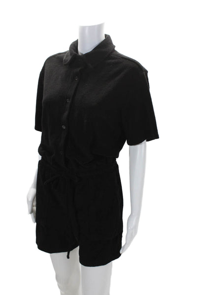 Monrow Womens Cotton Drawstring Waist Collared Short Sleeve Romper Black Size S