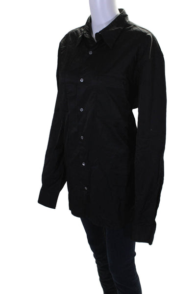 DKNY Womens Cotton Collared Long Sleeve Button Up Blouse Top Black Size XL