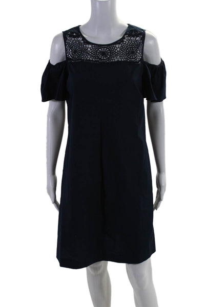 Neiman Marcus Womens Navy Cotton Lace Trim Crew Neck Cold Shoulder Dress Size 6