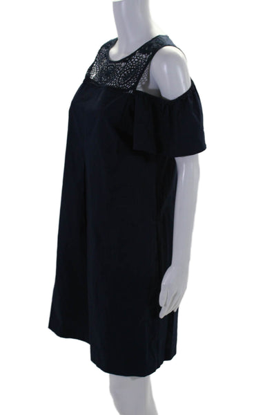 Neiman Marcus Womens Navy Cotton Lace Trim Crew Neck Cold Shoulder Dress Size 6