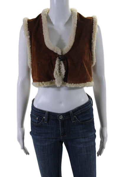 Tony Graham Womens Brown Leather Fuzzy Trim Crop Vest Jacket Size M