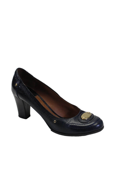 Chloe Womens Navy Blue Leather Embellished Block Heels Pumps Shoes Size 9.5