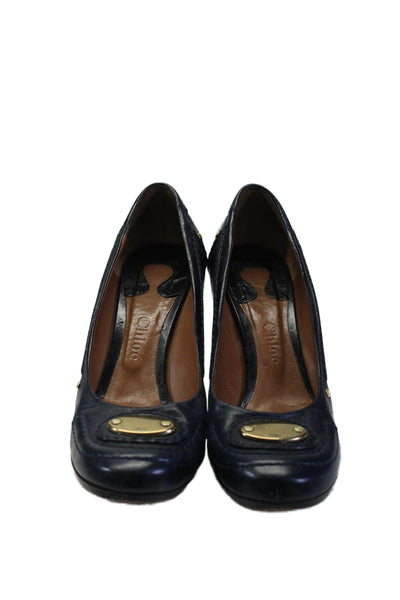 Chloe Womens Navy Blue Leather Embellished Block Heels Pumps Shoes Size 9.5