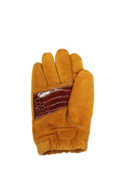 Tardini Womens Genuine American Alligator Palm Suede Scrunched Hem Gloves Brown