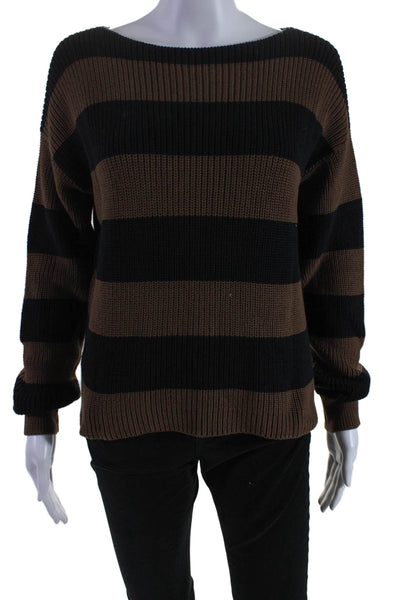 Margaret OLeary Womens Cotton Striped Knitted Long Sleeve Sweater Brown Size S