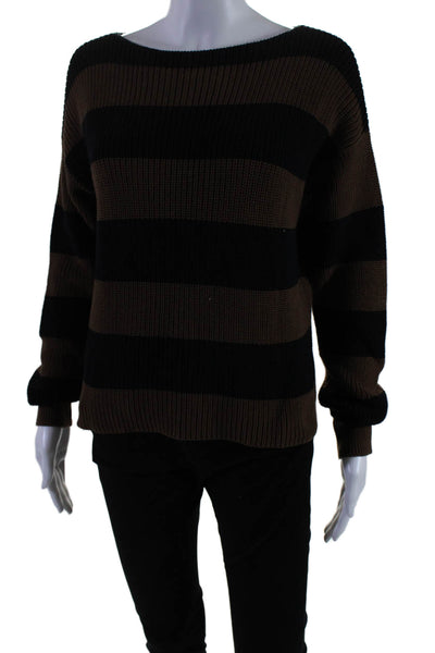 Margaret OLeary Womens Cotton Striped Knitted Long Sleeve Sweater Brown Size S