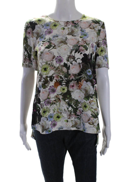 Adam Lippes Womens Silk Floral Print Short Sleeves Blouse Multi Colored Size 4