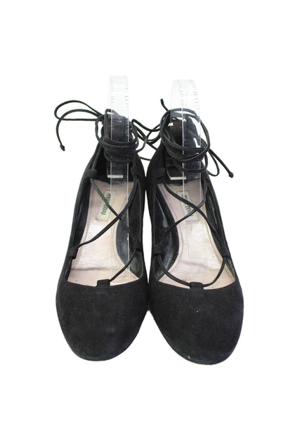 Miu Miu Womens Suede Lace Up Medium Heel Round Toe Pumps Black Size 38.5 8.5